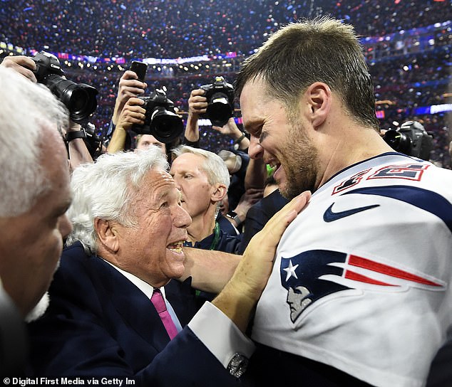 Pictured: Kraft (left) and New England Patriots quarterback Tom Brady (right) celebrating their sixth Super Bowl victory at Mercedes-Benz Stadium in Atlanta, Georgia