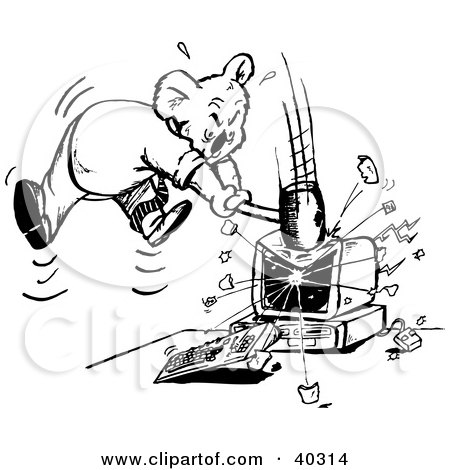 40314-Clipart-Illustration-Of-A-Black-And-White-Outline-Of-A-Koala-Smashing-A-Computer.jpg
