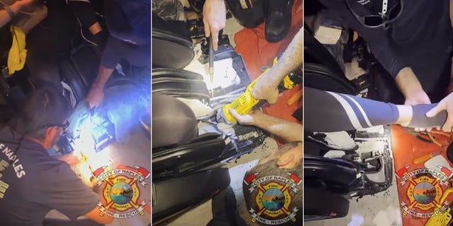 Rescuers cut apart an electric massage chair to free a woman whose foot got stuck inside the machine last week, Naples Fire-Rescue Department said.
