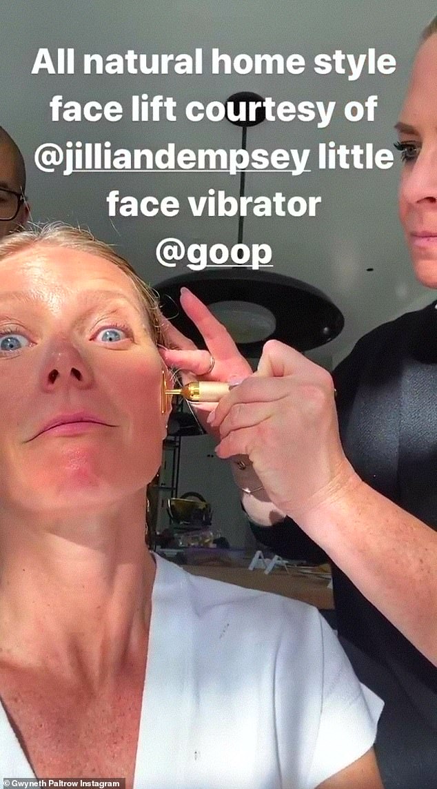 Pamper session: She also got a 'home style face lift' using a small gold vibrator