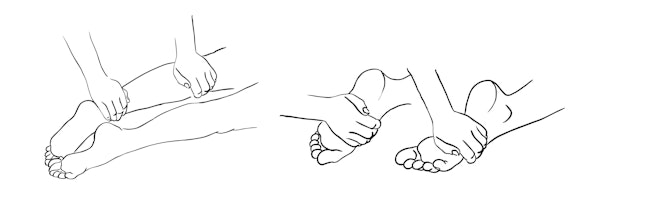 Foot massage, shin massage, by hands. Recommendations for manual therapy. Sketch.