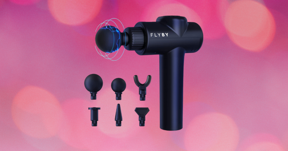 FlyBy massage gun with six interchangeable heads.