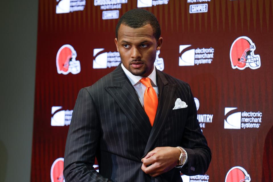 Deshaun Watson makes his first appearance as a member of the Browns at a news conference in March.