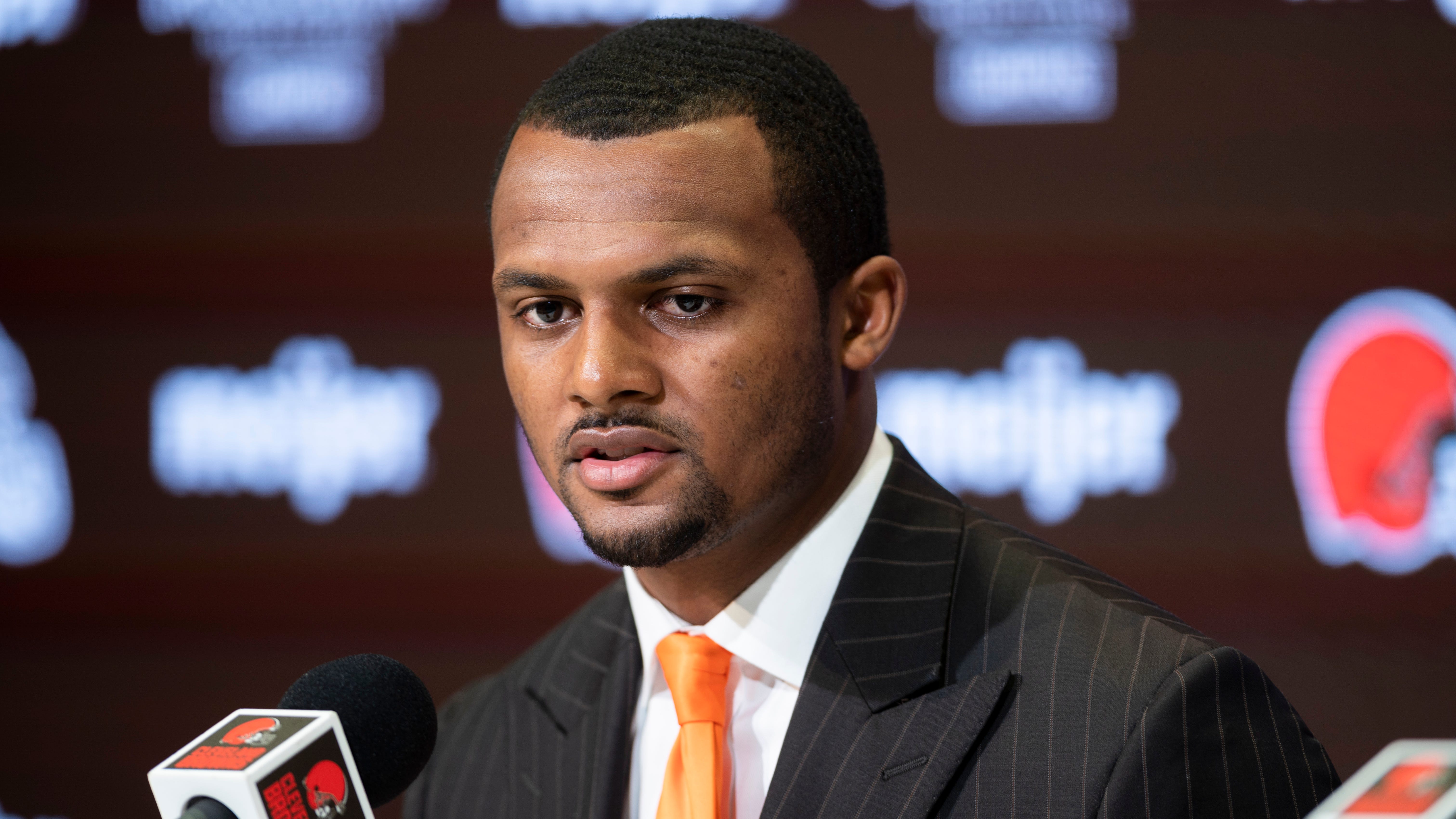 Deshaun Watson talks with the media during his Cleveland Browns introductory press conference.